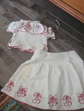 White Two-Piece Cherry Embroidered Crop Top & Skirt